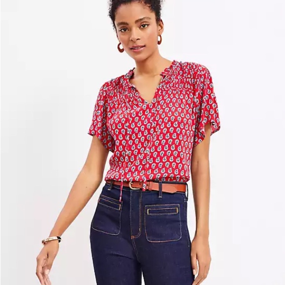 Paisley Ruched Ruffle Tie Neck Top